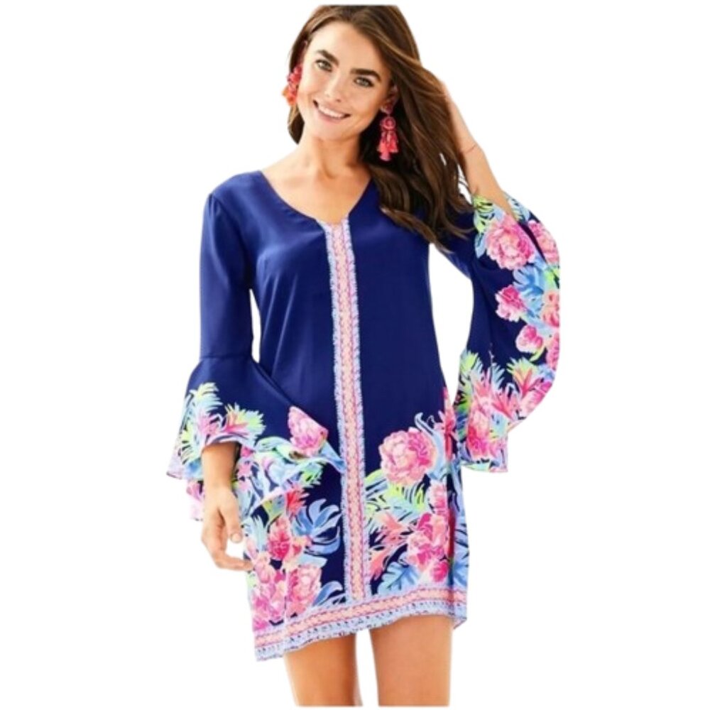 Lilly Pulitzer Rosalia Dress Silk High Tide Navy Pink Tropical Floral
